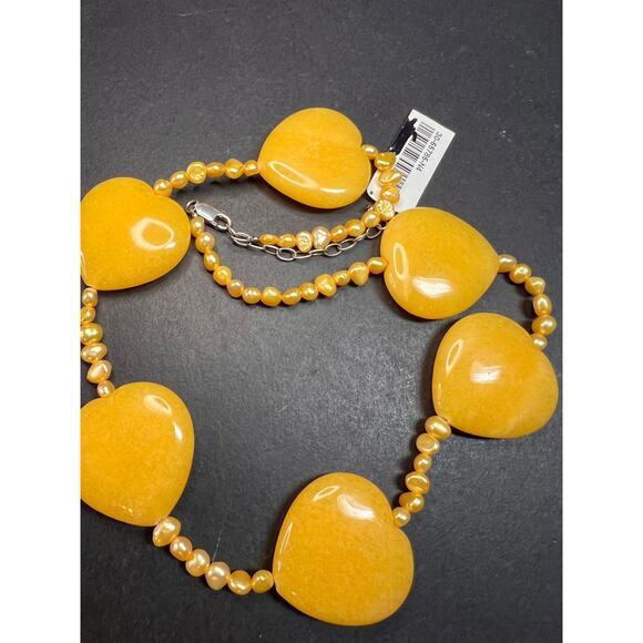 NEW yellow quartzite hearts and pearls necklace with sterling silver clasp - Picture 4 of 12
